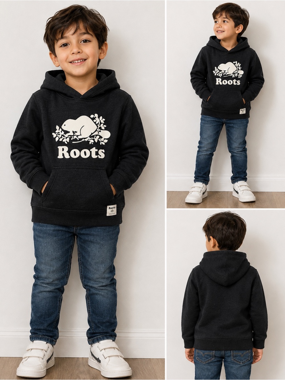 Roots Kids Black Beaver Logo Pullover Hoodie – Size Small 5/6